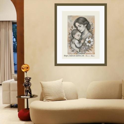œuvre sur papier originale, peinture acrylique figurative représentant une mère tenant son bébé, scène tendre sur le thème de l’héritage, illustration artistique pour décoration de salon moderne artiste Peintre Alarcon Dalvin Univers Crilambre Série Mère et fille