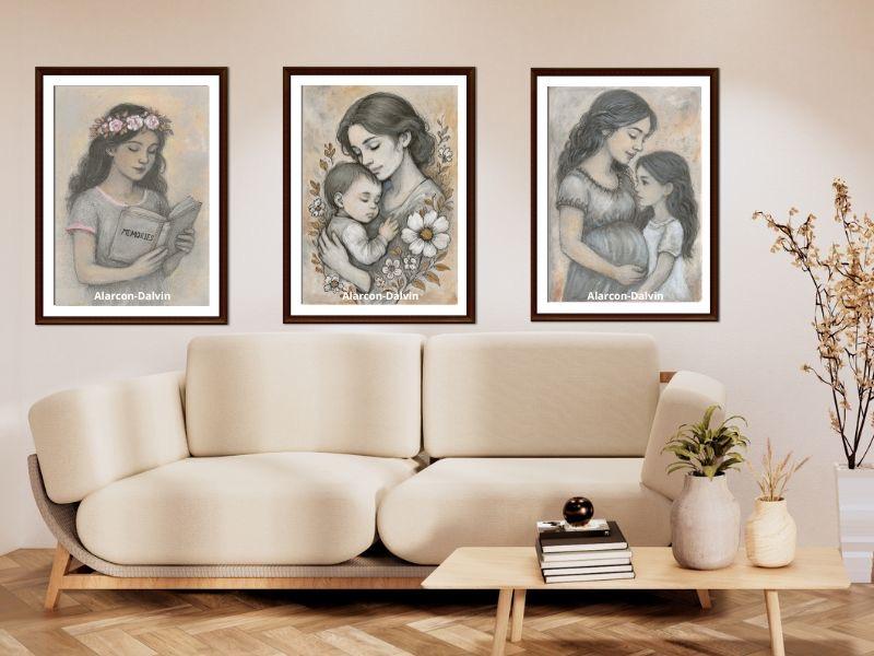 Peinture figurative mère et fille – Collection Âmes Sœurs – œuvre originale sur papier