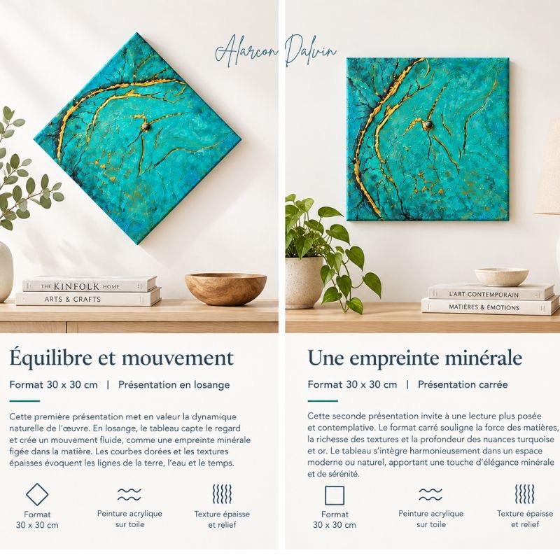 Peinture abstraite moderne bleu présentation carré et en losange alarcon dalvin Peinture abstraite moderne bleue présentée en carré et en losange Alarcon Dalvin