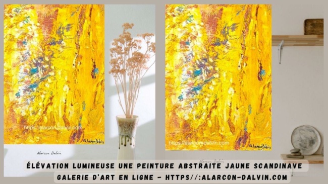 Peinture abstraite moderne sur toile jaune scandinave réalisée par l"artiste peintre contemporain Danielle Alarcon Dalvin