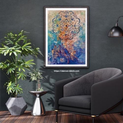 Tableau abstrait mandala bleu décorant un bureau lumineux et contemporainI