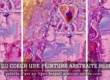 Tableau abstrait petit format vertical fuchsia rose et or avec cœur en relief et agate