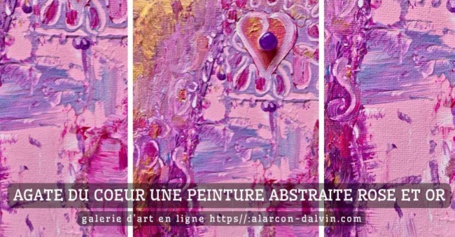 Tableau abstrait petit format vertical fuchsia rose et or avec cœur en relief et agate