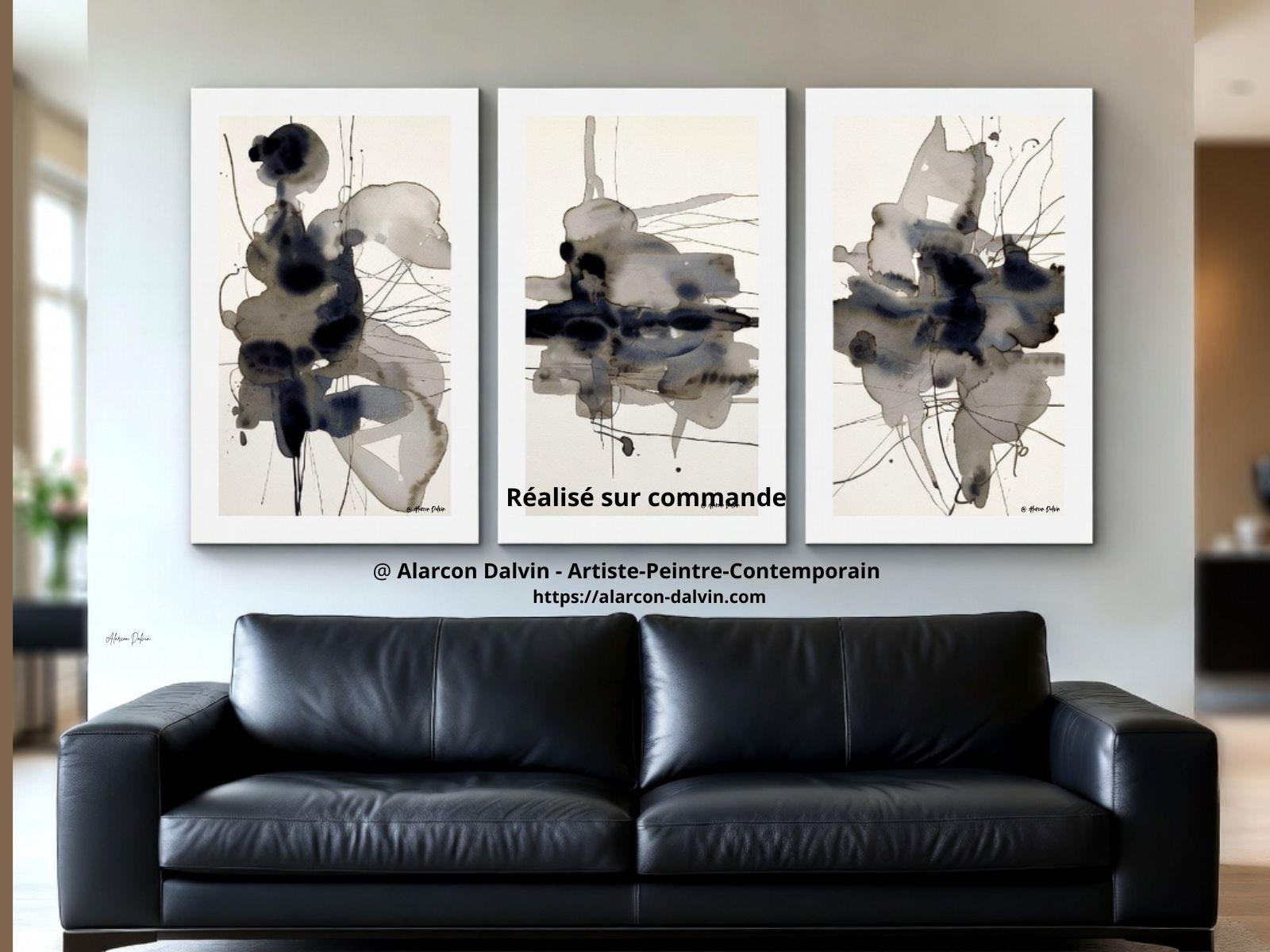 Triptyque peinture abstraite moderne sur papier, composition artistique contemporaine en trois parties pour décoration murale réalisé sur commande Alarcon Dalvin
