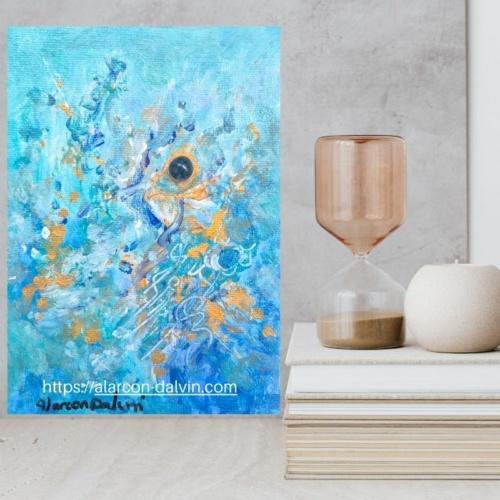 Peinture abstraite moderne sur toile Agate bleue par Alarcon Dalvin, avec textures au pinceau et couteau, nuances profondes de bleu