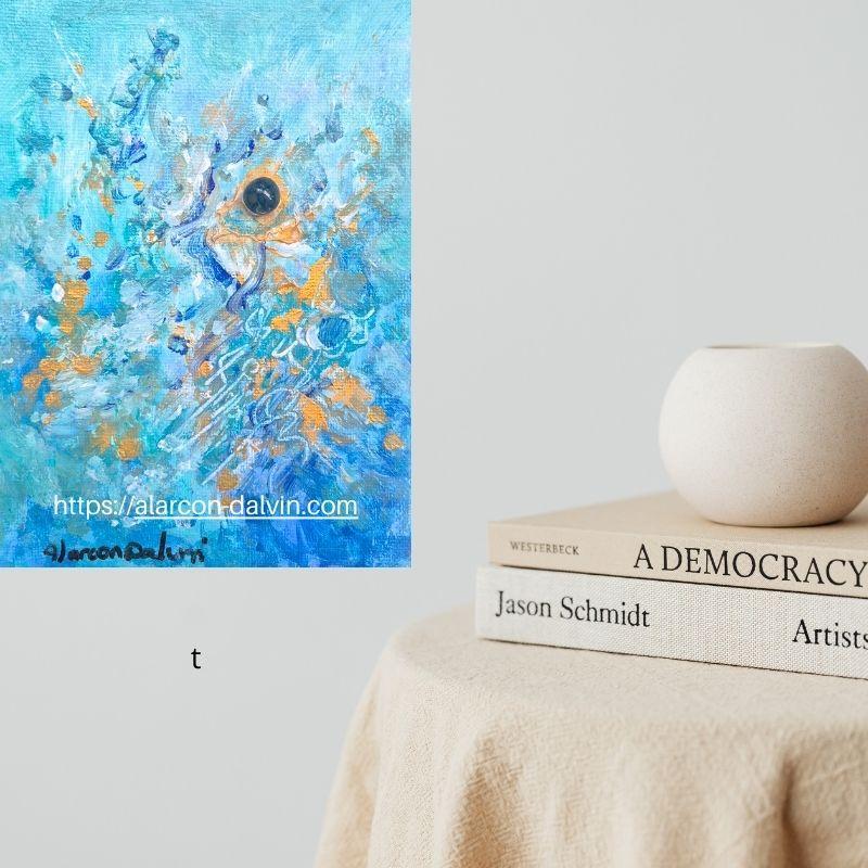 Peinture abstraite spirituelle bleue artiste Peintre Alarcon Dalvin Peinture abstraite spirituelle bleue à l’acrylique par l’artiste peintre Alarcon Dalvin, tableau unique avec textures et lumière pour décoration intérieure.