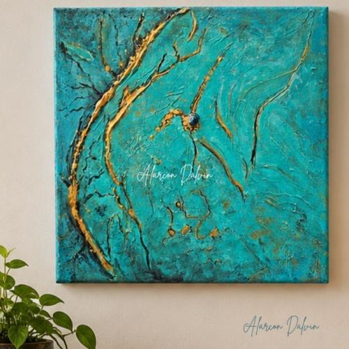 Peinture abstraite sur toile bleue carrée peinte à la main à la peinture acrylique Oeuvre originale Alarcon Dalvin