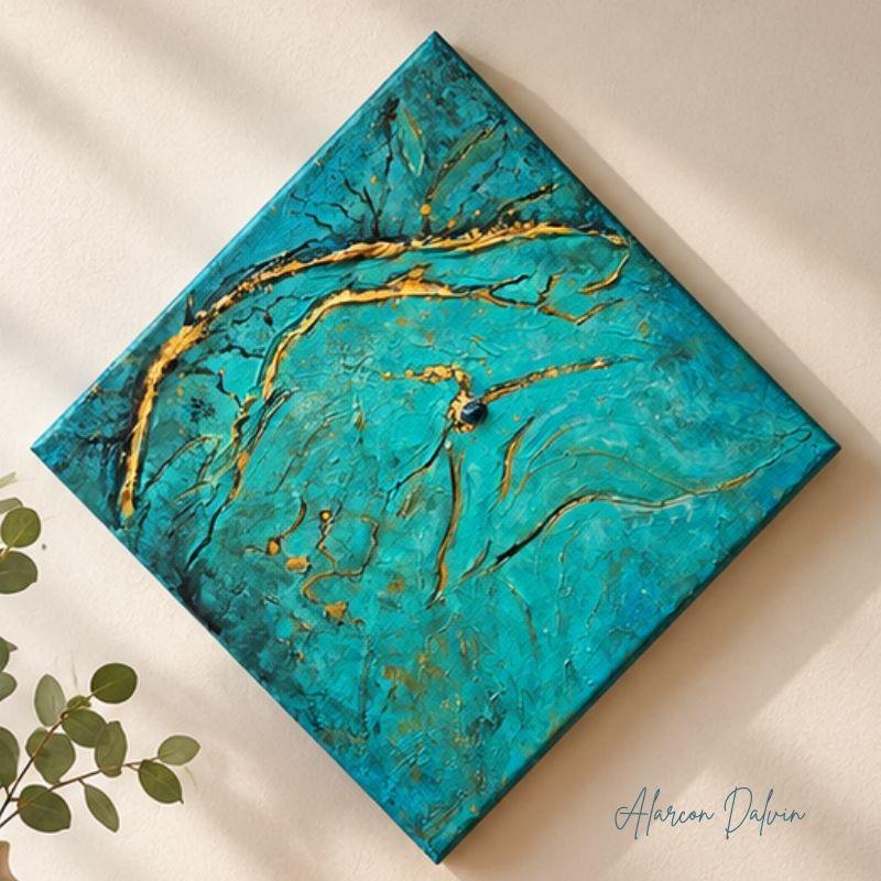 Peinture-abstraite-sur-toile-bleu-or-présentation-losange-alarcon-dalvin - 6 Peinture abstraite sur toile bleu et or en losange Alarcon Dalvin