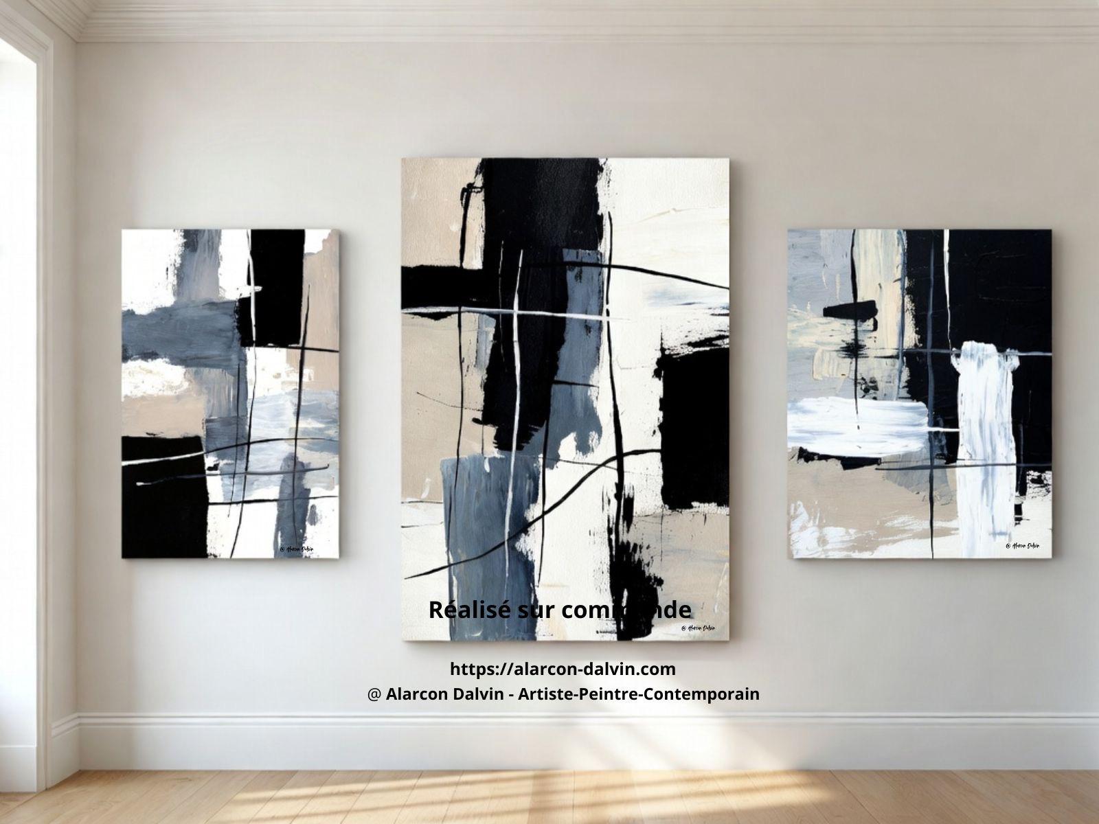 Triptyque peinture abstraite noir et blanc moderne sur toile, ensemble de trois tableaux contemporains pour décoration murale élégante Alarcon Dalvin réalisation sur commande