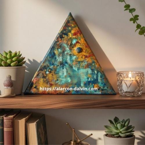 Peinture abstraite triangulaire bleu or orange avec agate bleue protectrice peinte à l’acrylique artiste Peintre Alarcon DalvinTableau abstrait sur toile triangulaire bleu, or et orange avec agate bleue symbole de protection.