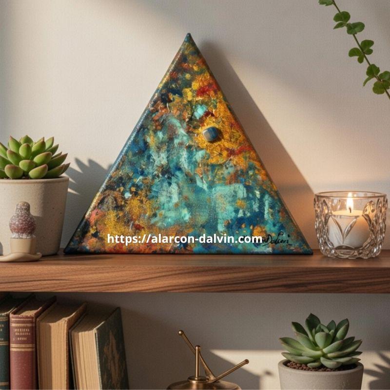 Peinture-abstraite-sur-toile-triangulaire-acrylique - 3 Peinture abstraite triangulaire bleu or orange avec agate bleue protectrice peinte à l’acrylique artiste Peintre Alarcon DalvinTableau abstrait sur toile triangulaire bleu, or et orange avec agate bleue symbole de protection.