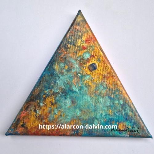 Peinture abstraite originale sur toile triangulaire bleu or orange avec agate bleue artiste Peintre Alarcon Dalvin