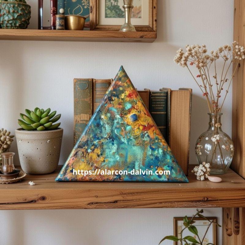 Peinture abstraite sur toile triangulaire unique Détail peinture abstraite triangulaire unique bleu or orange avec agate bleuePeinture-abstraite-sur-toile-triangulaire-unique