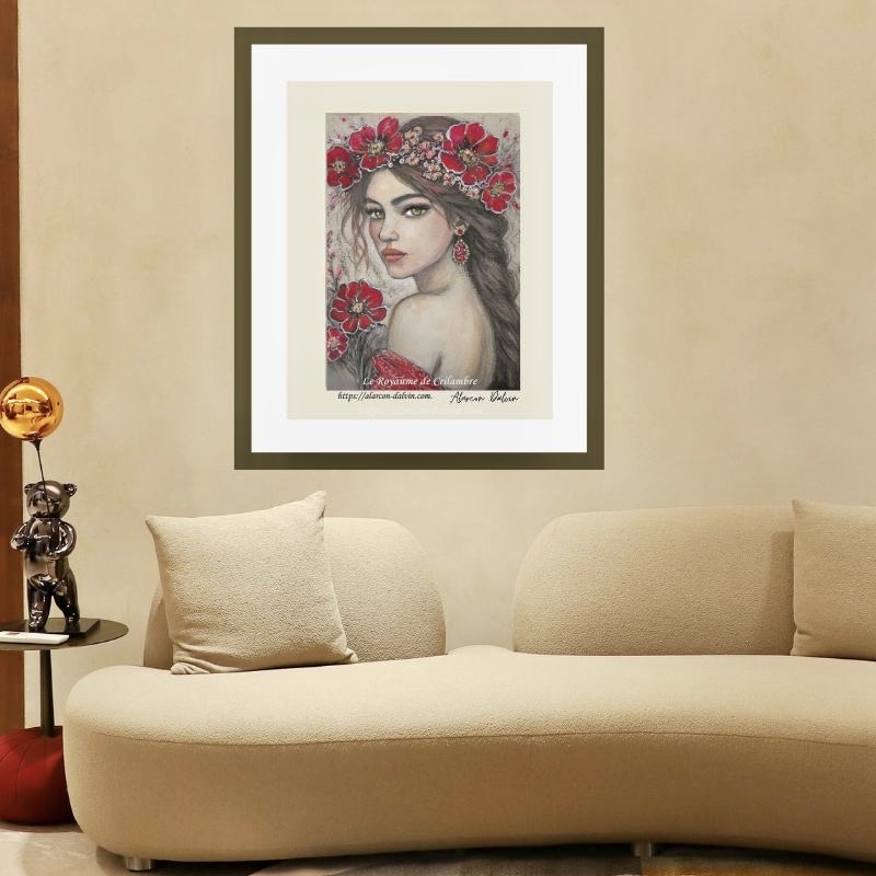 Peinture moderne représentant une femme avec des coquelicots rouges dans les cheveux , tableau contemporain symbole de l'été et féminin Etelyra artiste peintre Alarcon Dalvin
