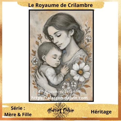 Peinture figurative originale “Héritage” : portrait mère et bébé sur papier Beaux-Arts, réalisé à l’encre et acrylique transparente, collection Les Âmes Sœurs du Temps.