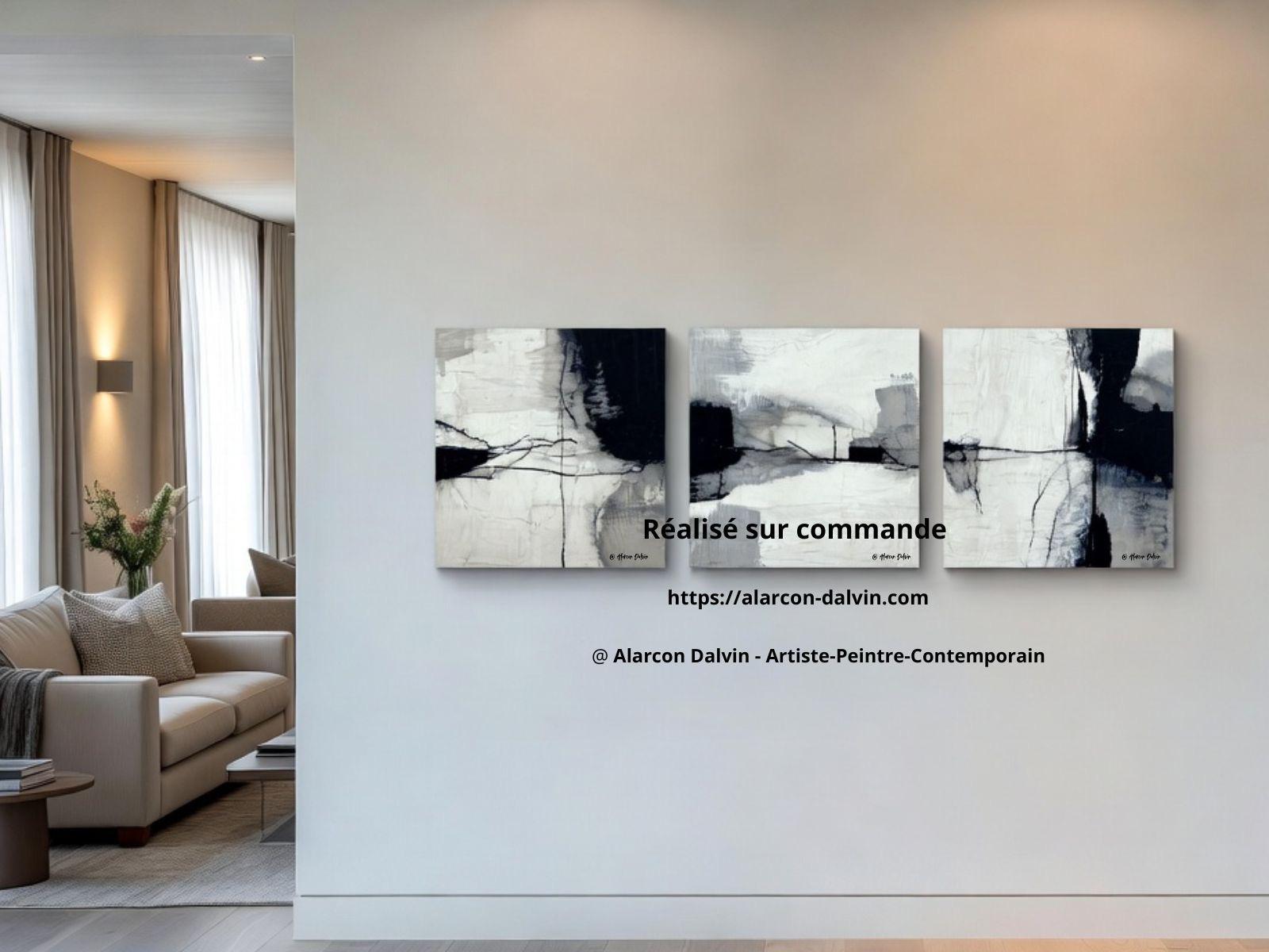 Peinture abstraite moderne noir et blanc sur toile, œuvre contemporaine minimaliste pour décoration murale élégante signée Alarcon Dalvin