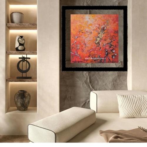Peinture abstraite moderne avec dégradés d'orange et accents dorés sur toile