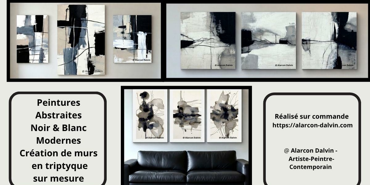 Peintures abstraites noir et blanc modernes en triptyque sur mesure pour décoration murale contemporaine Artiste peintre Alarcon Dalvin