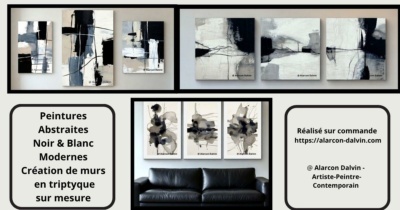 Peintures abstraites noir et blanc modernes en triptyque sur mesure pour décoration murale contemporaine Artiste peintre Alarcon Dalvin