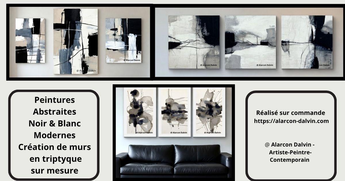 Peintures abstraites noir et blanc modernes en triptyque sur mesure pour décoration murale contemporaine Artiste peintre Alarcon Dalvin