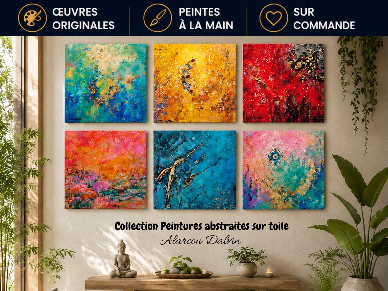 Peintures abstraites sur toile peintes à la main par Alarcon Dalvin, artiste peintre Tableaux abstraits modernes à l'acrylique au pinceau et au couteau. Peintures abstraites colorées uniques. En vente en ligne et tableau sur commande