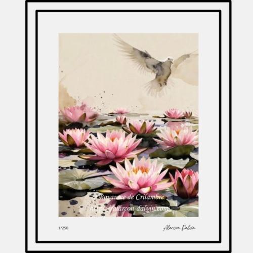 REPRODUCTION TABLEAU FLEURS DU CHANT PEINTURE NYMPHEAS ROSES ET COLOMBE TIRAGE D ART EN EDITION LIMITEE ARTISTE PEINTRE ALARCON DALVIN