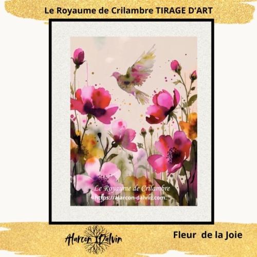 Reproduction du tableau Fleur de la Joie en tirage d’art numéroté, édition limitée d’artiste, avec fleurs roses poudrées, roses fuchsia, fleurs jaunes et une colombe dans un jardin enchanté.