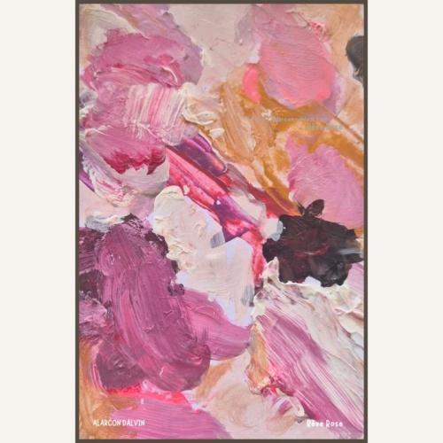 Rêve Rose – œuvre abstraite contemporaine sur papier, réalisée à l’acrylique au couteau dans des tons rose poudré , rose fuchsia, or, beige, par l’artiste peintre Danielle Alarcon Dalvin.
