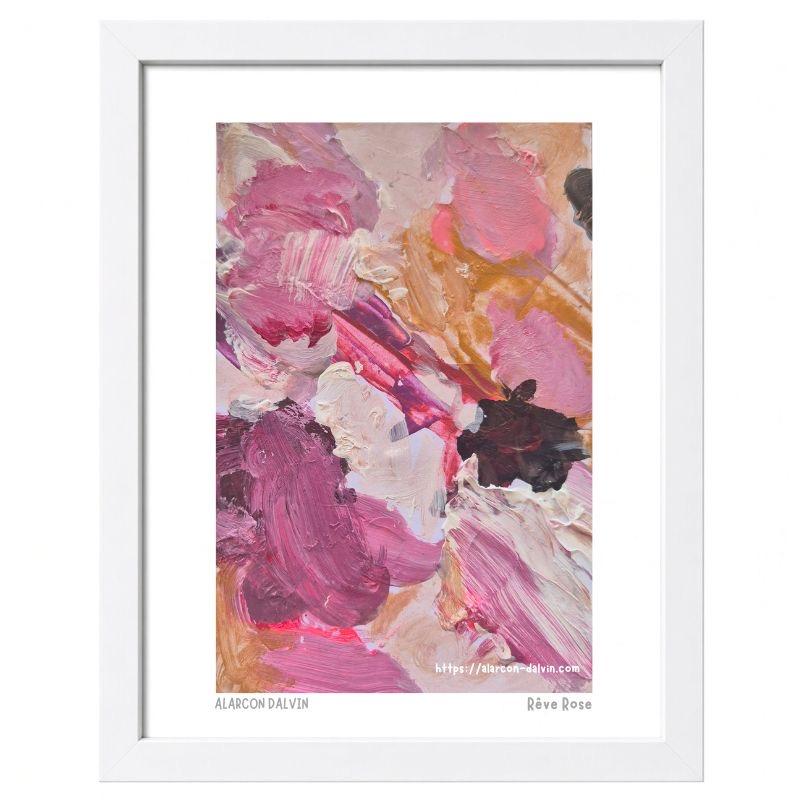 Rêve-rose-peinture-abstraite-papier-acrylique-couteau-avec-passe-partout-cadre-blanc Peinture abstraite rose sur papier au couteau avec passe-partout grège et encadrement blanc–en option Rêve Rose, Alarcon Dalvin