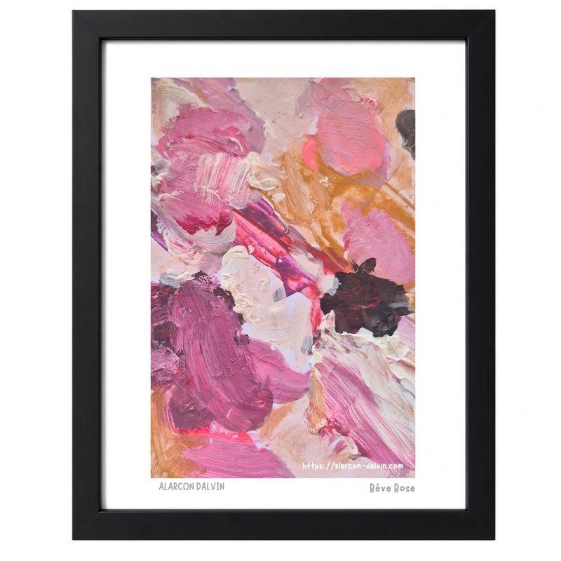 Rêve-rose-peinture-abstraite-papier-acrylique-couteau-avec-passe-partout-cadre-noir Peinture abstraite rose sur papier au couteau avec passe-partout grège et encadrement noir en option Rêve Rose, Alarcon Dalvin