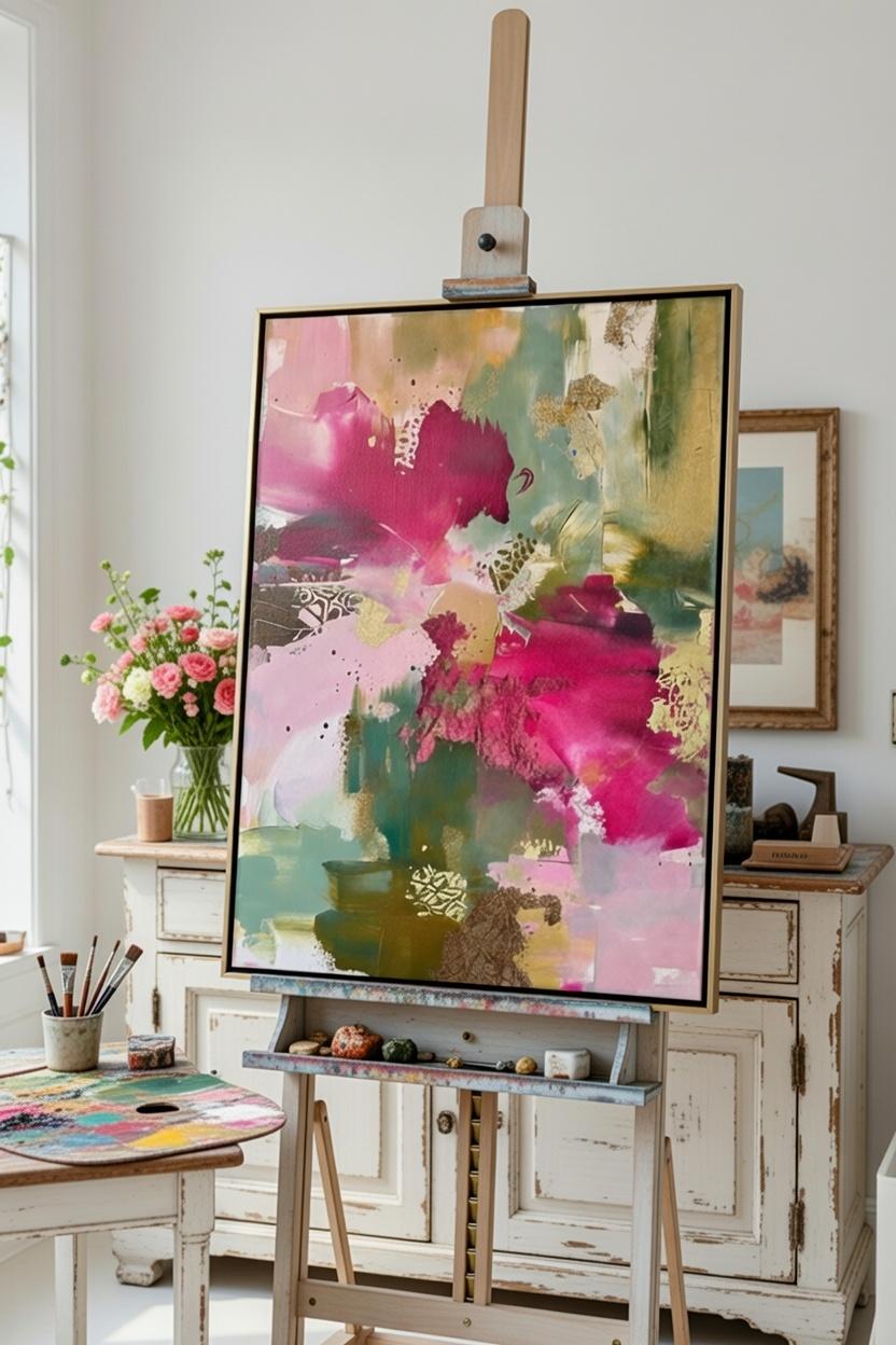 tableau abstrait contemporain fleurs roses fuchsia grand format Atelier artiste PEINTRE ALARCON DALVIN