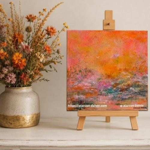 Tableau abstrait moderne orange et rose sur chevalet en bois posé sur meuble patiné blanc avec bouquet de fleurs sauvages dans un vase grège et or artiste Peintre Alarcon Dalvin