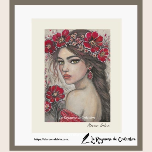 Tableau peinture portrait de femme aux coquelicots rouges, œuvre contemporaine unique sur papier Etelyra. par Alarcon Dalvin artiste peintre contemporain vente en ligne