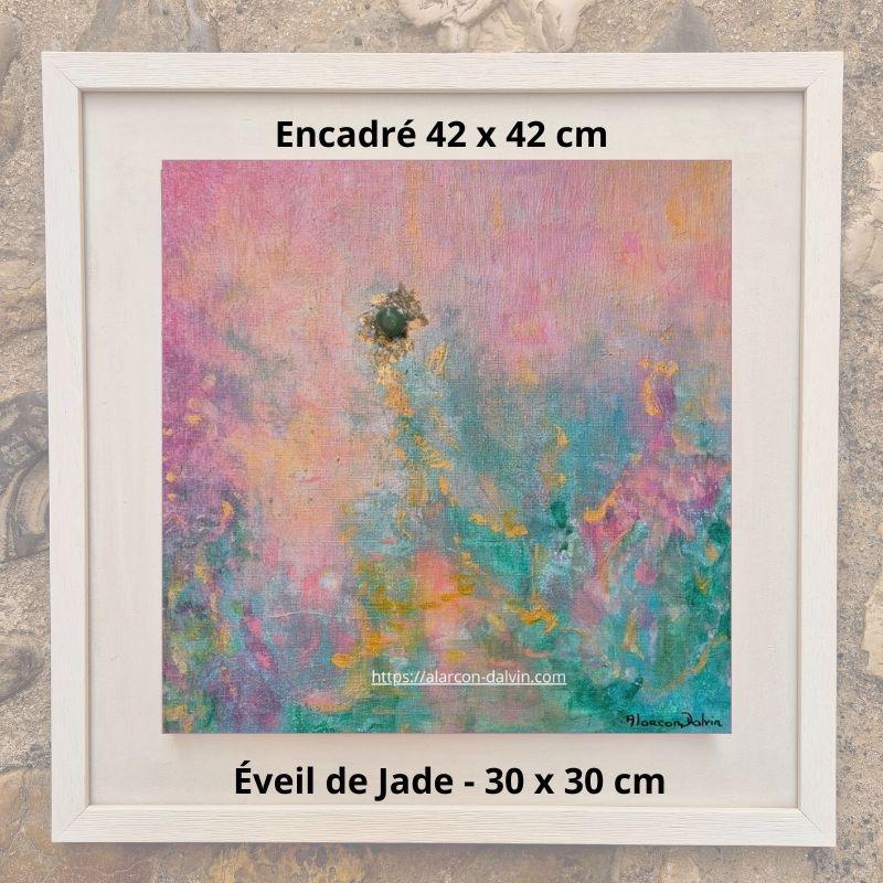 Tableau abstrait carré rose et vert Tableau éveil de jade encadré blanc Alarcon Dalvin