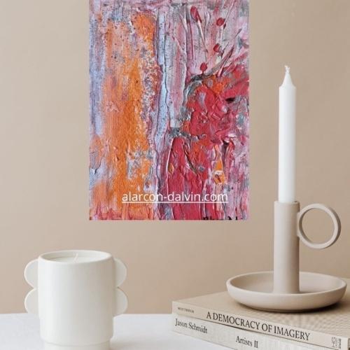 Tableau abstrait orange de petit format peint à la main au pinceau et au couteau . Une œuvre unique de l'artiste Peintre Alarcon Dalvin idéale pour une décoration contemporaine salon chambre bureau espace de méditation.