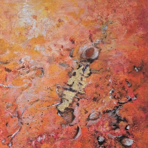 Zoom détails du tableau abstrait orange sur toile vue feuille d'or et agate orange et reliefs or