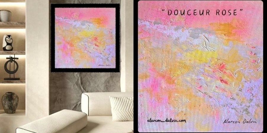 Tableau abstrait rose en relief, peinture acrylique texturée avec tons rose poudré, rose soutenue et or rose, idéal pour une décoration intérieure élégante.