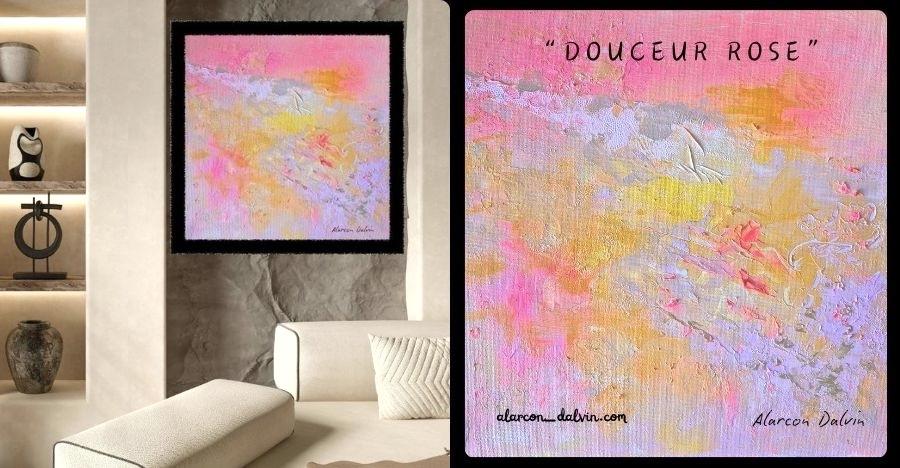 Tableau abstrait rose en relief, peinture acrylique texturée avec tons rose poudré, rose soutenue et or rose, idéal pour une décoration intérieure élégante.
