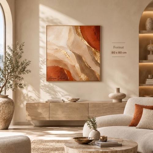 Tableau abstrait sur commande terracotta beige et or 80 x 80 cm Alarcon Dalvin