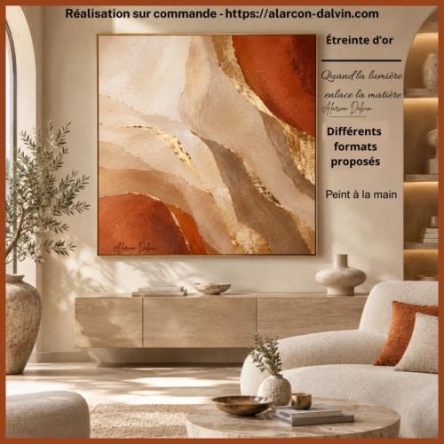 Tableau abstrait sur commande terracotta, beige et or Alarcon Dalvin