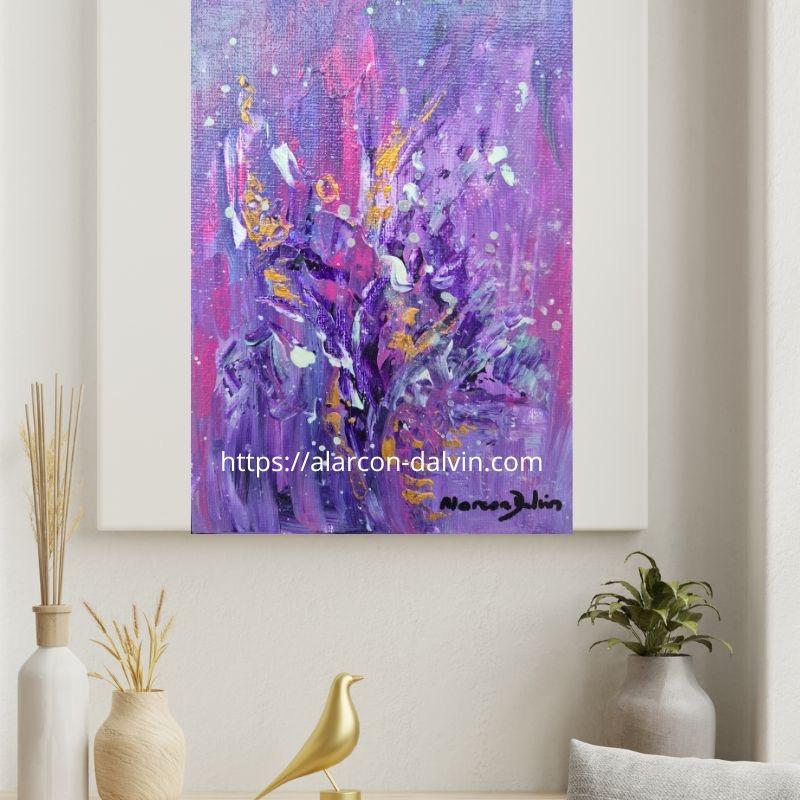 Tableau-abstrait-sur-toile-violet-fait-main - 5 Tableau abstrait sur toile violet fait main réalisé par l’artiste peintre Alarcon Dalvin, œuvre originale contemporaine