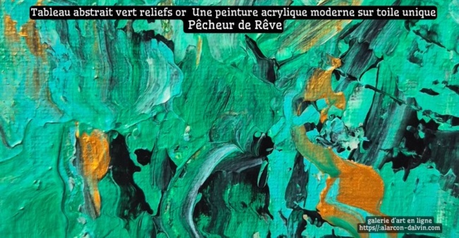 Tableau abstrait vert avec reliefs dorés – peinture acrylique moderne sur toile