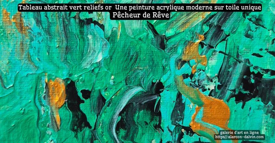 Tableau abstrait vert avec reliefs dorés – peinture acrylique moderne sur toile