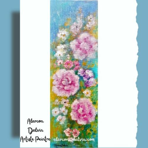 Vue d'ensemble du tableau vertical de fleurs peint au couteau, fleurs roses et blanches sur fond bleu turquoise.