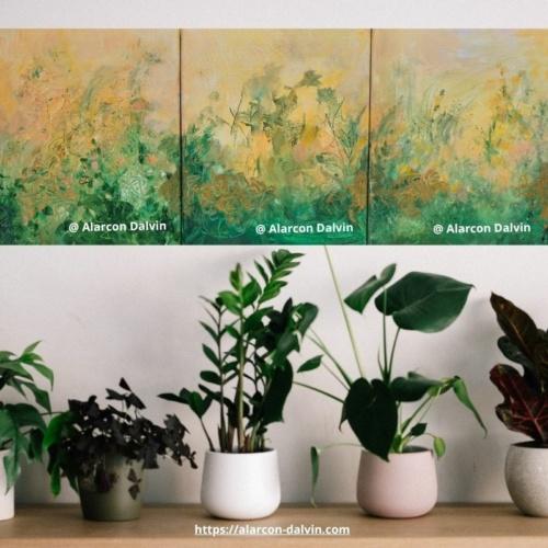 Tableau triptyque abstrait wabi-sabi aux tons verts et dorés représentant un paysage naturel zen, décoration murale moderne et apaisante Peinture abstraite acrylique sur toile moderne et contemporaine unique fait main artiste peintre Alarcon Dalvin