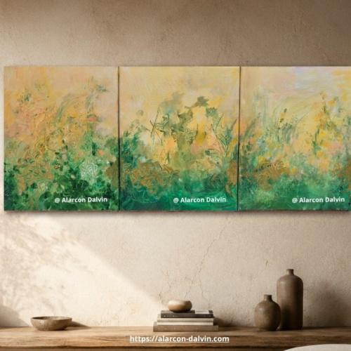 Tableau triptyque abstrait wabi-sabi aux nuances vertes, or et jaune grège représentant une composition naturelle et zen peinte à la main