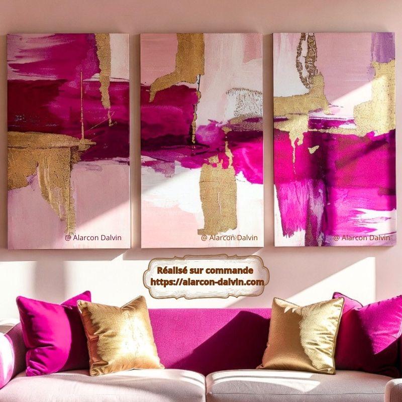 Tableau triptyque abstrait rose moderne peint à la main en trois panneaux artiste Peintre Alarcon Dalvin réalisation sur commande de peinture abstraite moderne sur mesure