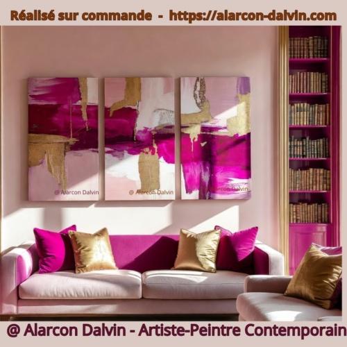 Tableau triptyque abstrait rose et doré moderne peint à la main pour salon contemporain