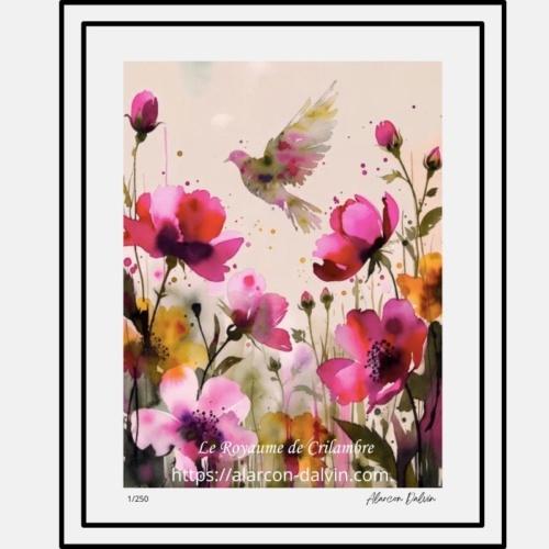 Tirage d’art numéroté Fleur de la Joie – fleurs roses et jaunes avec colombe sur ciel beige clair – édition limitée – reproduction tableau – décoration intérieure. artiste peintre