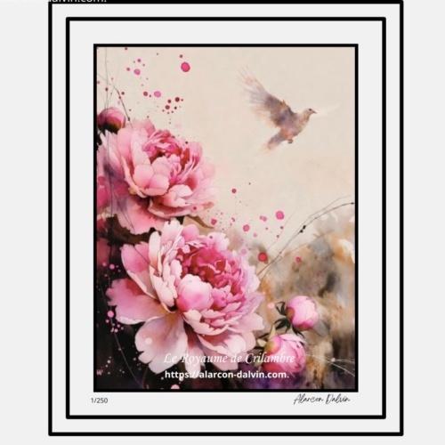 Tirage d’art numéroté – Reproduction du tableau Fleur des Rêves avec fleurs roses et colombe sur fond beige lumineux – édition limitée